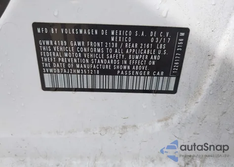 2017 Volkswagen Jetta 1.4T Se из США, поврежденный, VIN 3VWDB7AJ2HM351218